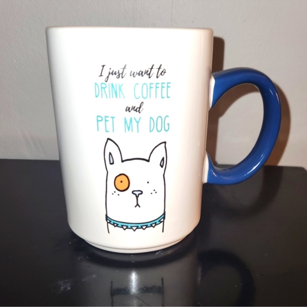 Clay Art Dog Mug "I Just Want to Drink Coffee & Pet My Dog" White wBlue Handle